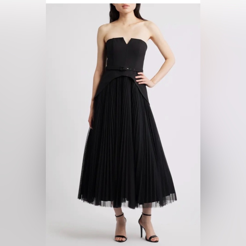 Hutch Strapless Black Pleated Tulle Midi Dress